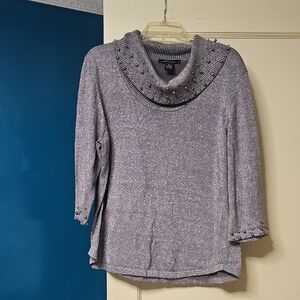 Elegant Gray Cowl Neck Sweater with Beaded Details